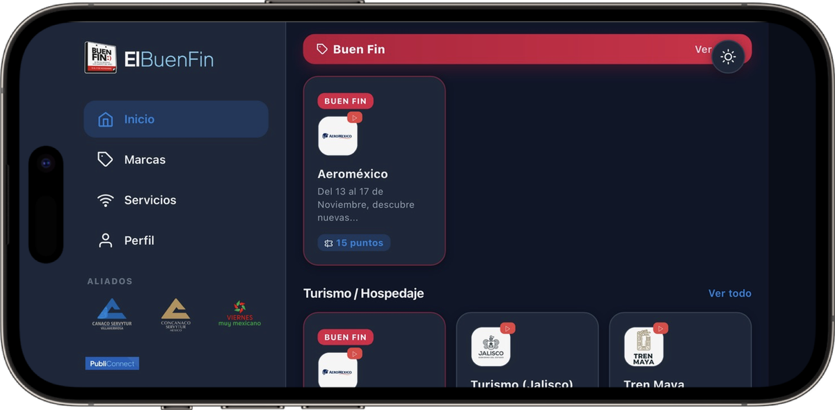 App PubliConnect en horizontal con la sección El Buen Fin, menú lateral y aliados