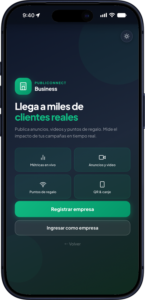 PubliConnect Business: registrar o ingresar como empresa