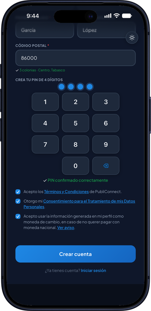 PIN confirmado y casillas de consentimiento