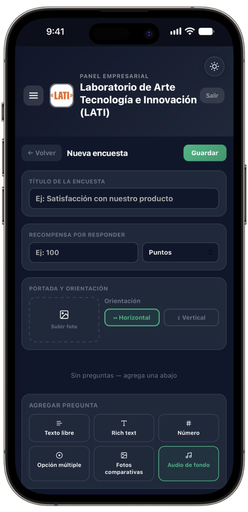 Panel empresarial: formulario Nueva encuesta